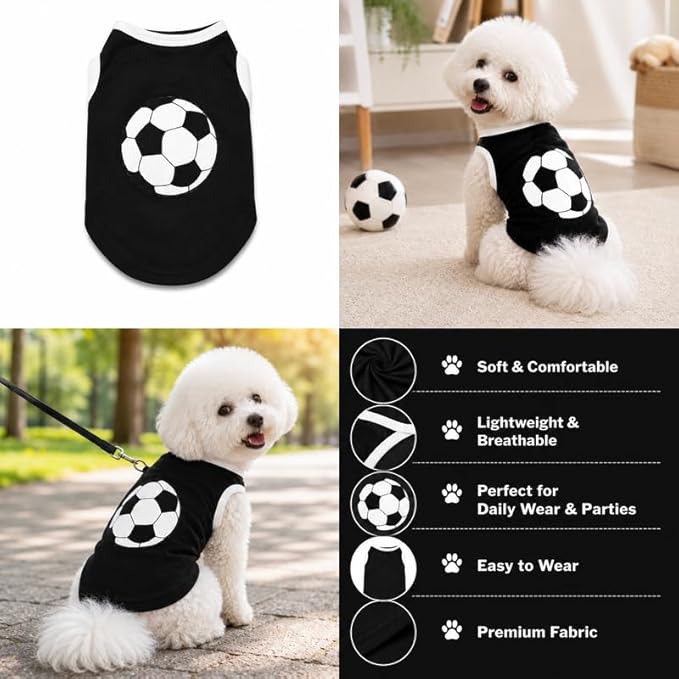 Petitebella Soccer Dog Shirt - Sporty Puppy T-Shirt with Soccer Ball, Breathable Soft Cotton Pet Clothes for Small Dogs Cats, Lightweight Summer Vest Apparel for Game Day Training (Black, X-Small)
