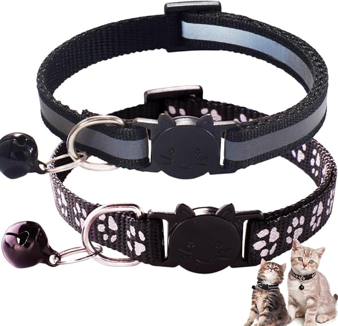 Breakaway XS Cat Collar with Bell, 2 Pack Reflective XXS Kitten Collars Girl Cute Soft Safety Quick Release Buckle for XSmall Extra Small Tiny Little Boy Female Pet Black
