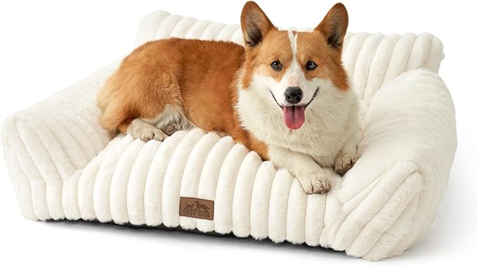 COZY KISS Cute Cat Couch, Fluffy Sofa Bed for Cats and Small Dogs, Premium Faux Rabbit Fur Cats beds for Indoor Cat, Ultra-Soft Supportive Pet Couch Furniture (Cream, M: 31.5''x23.5'')
