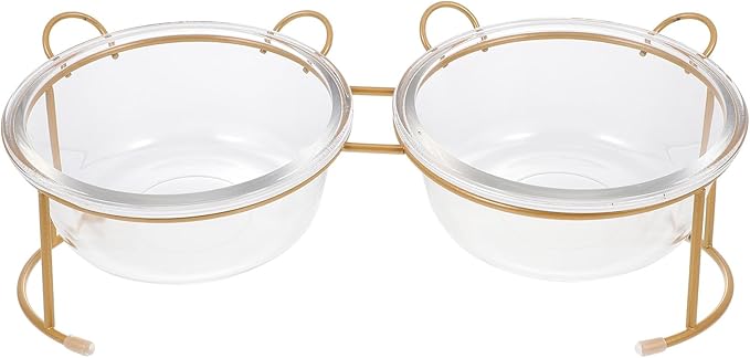 Outanaya Glass Double Pet Feeding Bowl Set with Raised Gold Iron Stand 2-Compartment Glass Cat and Dog Bowl for Household Feeding and Watering for Cats and Dogs