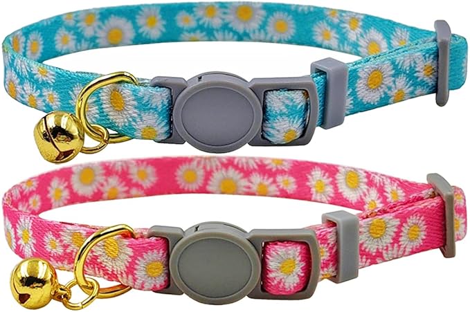 2 Pack Cat Collar, Daisy Floral Pattern, Breakaway Safe Release Buckle, Clear Bell, Polyester Material, for Adult Cats.(Pink+Green)