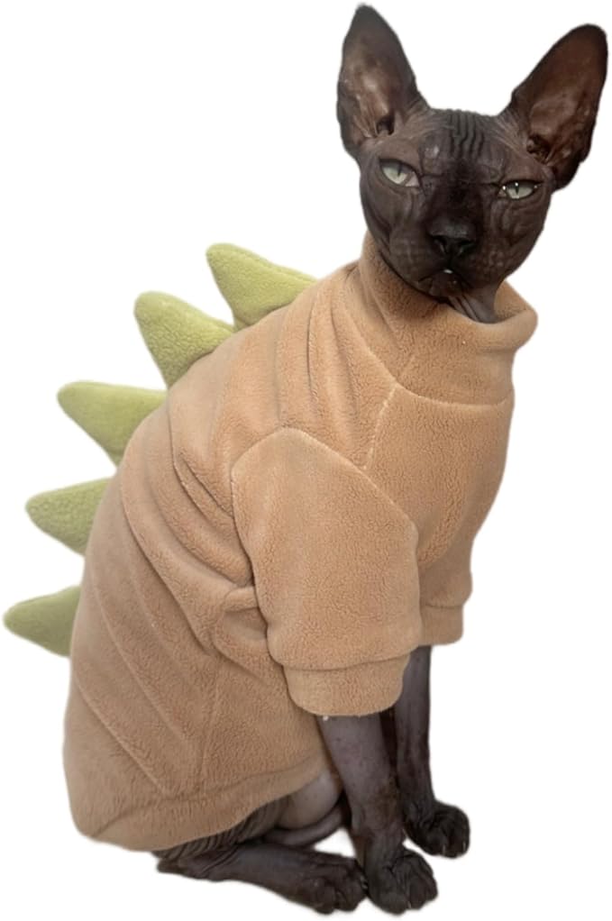 Dinosaur Sphynx Cat Clothes, Soft Polar Fleece Sweater for Cat, Elastic Pet Clothes Thick Winter Warm Outfit for Hairless Cat, Devon, Cornish, Small Dogs Apparel with Sleeves (Khaki, Small)