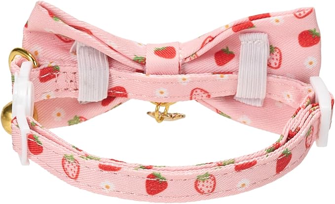 2 Pack Cat Collars, Removable Bowtie, Pink Heart Pattern, Safety Breakaway Clasp, Adjustable for Cats.(Adult Cat, Pink Strawberry and White Heart)