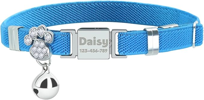 Personalized Safety Elastic Cat Collars with Bell,Laser Customized Stretch Kitten Collars for Girls Boys Cats-Sky Blue