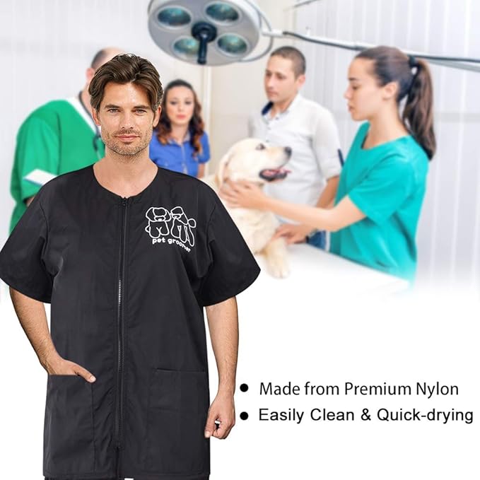 Noverlife Short Sleeves Pet Grooming Work Clothes with Full Zipper, 3XL Size, Splash Proof Anti-Static Pet Beautician Smock, Dog Cat Groomer Cosmetologist Uniforms for Pet Shop Men Women