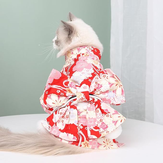 Cute Cat Kimono Dress SakuraFlower Pattern with Bowtie Pet Photo Cat Halloween Costume Cat Princess Cute Cat Outfit (Red,XL-18to24lb)