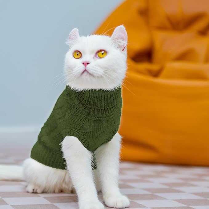 PUPTECK Winter Cat Sweater Coat - Soft Warm Cold Weather Clothes Knitwear for Kittens & Small Dogs Indoor Outdoor Wearing, Knitted Classic for Doggies Kitties Girls Boys, Dark Green, L