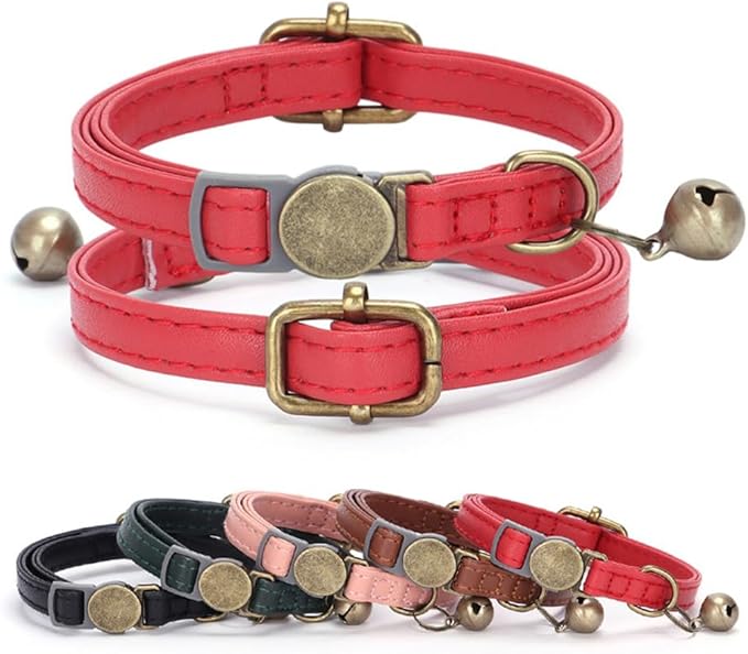 Vintage Style Leather Breakaway Cat Collar, Personalized Leather Cat Collar with Bells-Adjustable Customized Collar with Name & Phone Number Tag for Girl Boy Cats and Puppy(Brown)