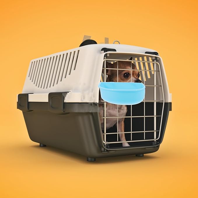 COLLBATH Hanging Plastic Puppy Feeding Bowl with Blue Clip, Small Dog and Cat Food Holder for Kennel and Travel, Portable Pet Bowl for Feeding and Watering