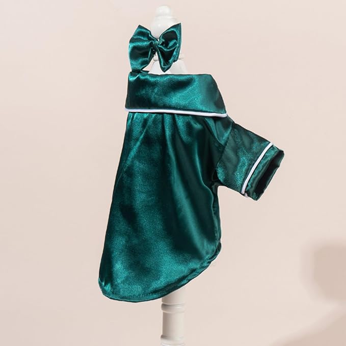 Cat Puppy Costume Elegant Satin Pajamas with Bow Headband 2PCs Set Pet Sleepwear Cute Pet Outfit Cosplay Partywear Photoshoots (Green Set,X-Large)