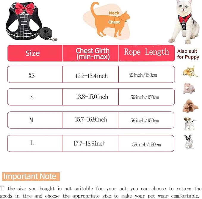 Cat Harness and Leash, Breathable Mesh Vest Harness for Puppy Cat Rabbit (Black, S)