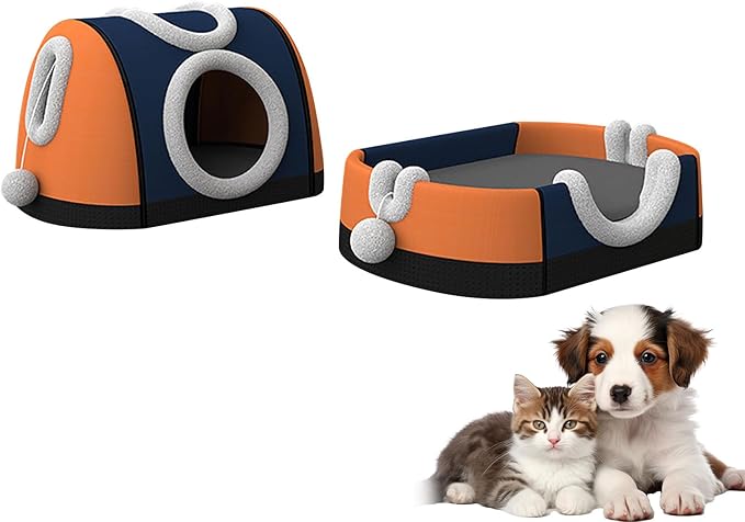 Enclosed House & Open Bed for Indoor Cats,Constant Modifiable Puss Bed with Removable Top Winter Season Double Manner Plan Revertible Pillow,Multi-Functional Pet Furniture with Scratch Pad