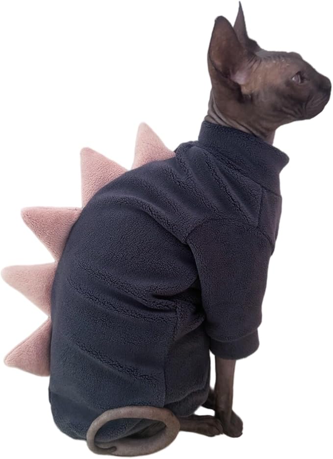 Dinosaur Sphynx Cat Clothes, Soft Polar Fleece Sweater for Cat, Elastic Pet Clothes Thick Winter Warm Outfit for Hairless Cat, Devon, Cornish, Small Dogs Apparel with Sleeves (Grey, Large)