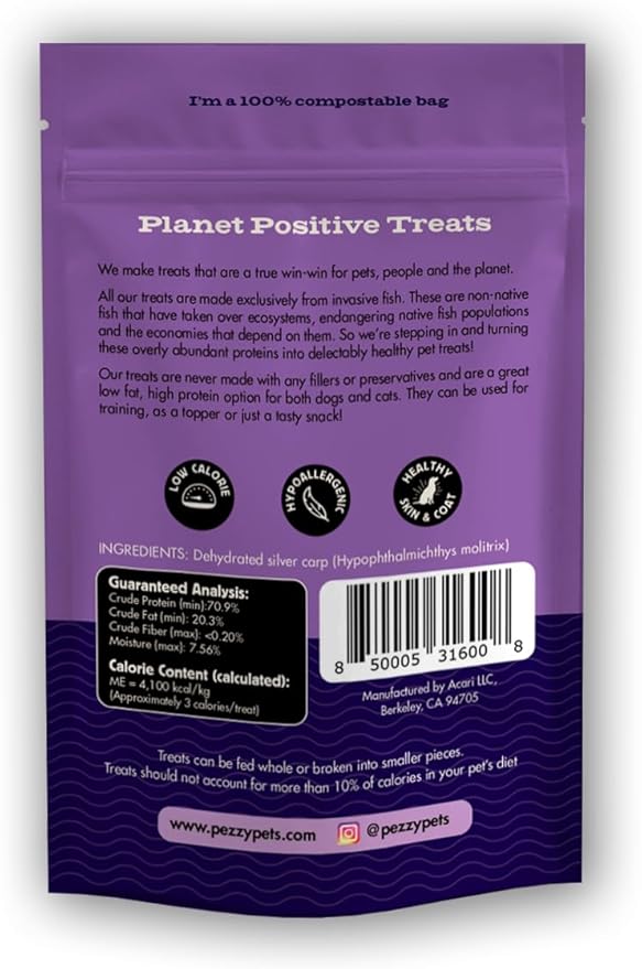 Pezzy Pets Silver Carp Chips Dog & Cat Treats | Single Ingredient | Wild Caught | Made w/Invasive Fish | Grain Free | High Protein + Low Fat | Hypoallergenic | Compostable Packaging | Made in The USA
