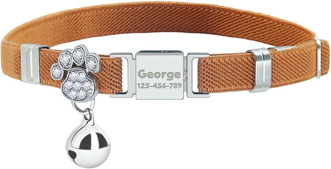 Personalized Safety Elastic Cat Collars with Bell,Laser Customized Stretch Kitten Collars for Girls Boys Cats-Light Brown
