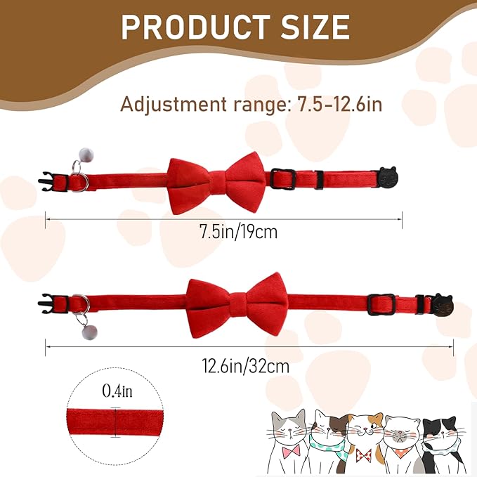 Mozeat Lens 2 Pcs Velvet Cat Collar Cute Cat Bow Tie Collar for Boy Cats Breakaway Kitten Collars with Bell Adjustable Puppy Bow Tie Collar Personalized Collars for Small Pets