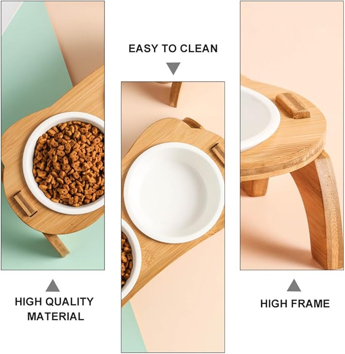 FOMIYES Elevated Cat Food Feeder Bowls Set with Wooden Stand Double Ceramic Bowls for Spine Protection White Raised Pet Food for Cats and Small Pets