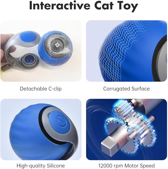 Petgravity Speedy Sprint Cat Toy Ball, 2026 Upgraded Interactive Cat Toys for Indoor Cats Exercise, 2 Speeds Rechargeable Smart Moving Ball for All Breeds with 2 Detachable Tails, Blue