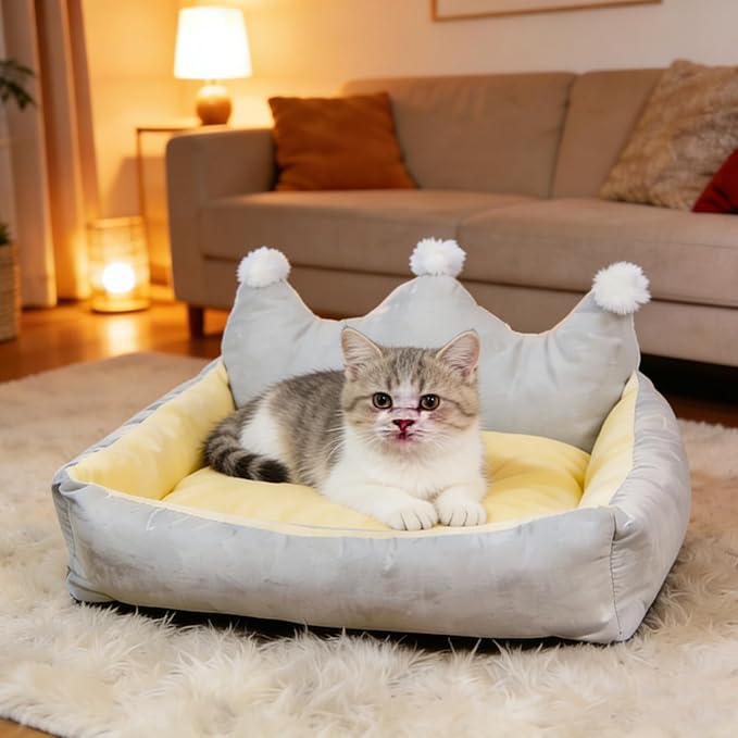 Cute Crown Pet Beds for Dogs Cat,Fashionable Luxurious Crown Cat Princess Beds Winter Warm Puppy Cat Sofa Bed Soft Upholstered Plush Sofa,Durable Washable Anti-Slip Dog Beds (Grey, M-Below 9.0kg)