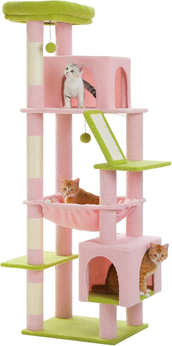 MUTTROS Pink 71" Tall Cat Tree for Large Cat 20 lbs with Super Large Hammock, Heavy Duty Cat Tower with 4 Sisal Scratching Posts & 2 Spacious Condos for Big Adult Cats Maine Coon -Green