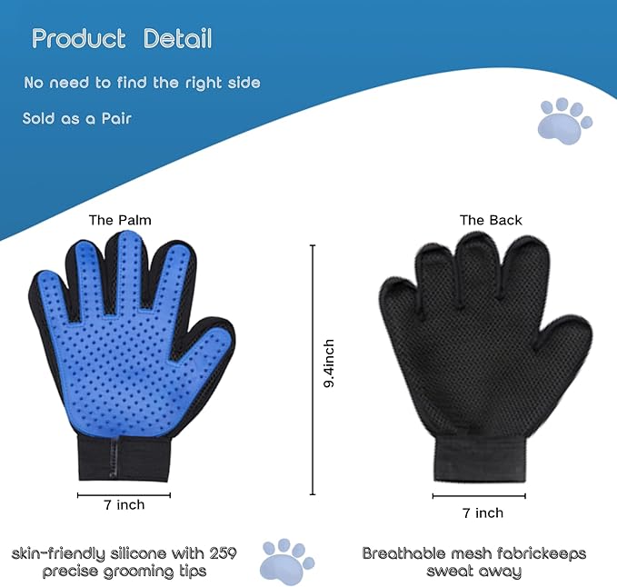 Pet Grooming Gloves (2 Pack) for Dogs & Cats – Deshedding Hair Remover Mitts with Soft Silicone Massage Bristles – Dual-Sided Grooming & Bathing Gloves for Long & Short Hair Pets