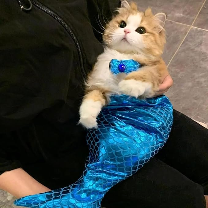 Cat Mermaid Costume Creative Cat and Dog Costumes Funny Fishtail Dress Puppy Mermaid Dress Pet Mermaid Costume Humor Photo Props for Cats and Dogs, Polyester, Blue, One Size (5-13 lbs)
