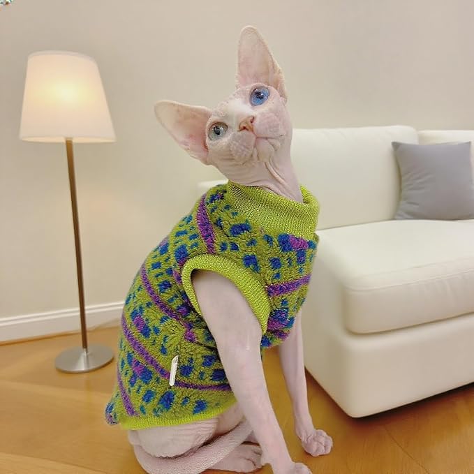 Sphynx Cat Winter Sweater, Warm Soft Fluffy Pet Clothes, for Hairless Cats, Cornish Rex, Devon Rex (Green, S (2.5-3.5 lbs))