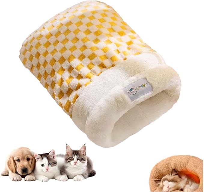 Winter Warming Cat Sleeping Bag，Soft Plush Sleeping Bag for Indoor Cats，Cozy Pet Nest for Cats and Dogs, Portable Calming Pet Nests，Cat Cave Bed Self Warming Bed (Yellow, Large（22.5*18.8 in）)