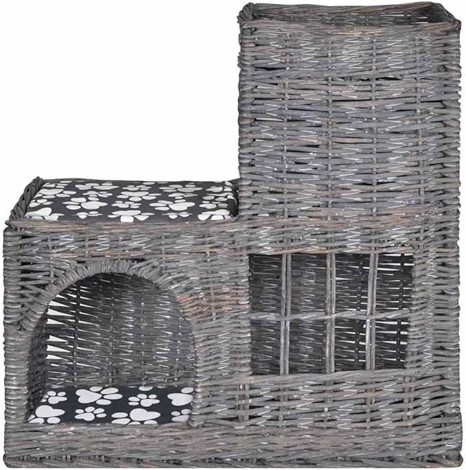 Cat House Willow Wicker Cave with Soft Cushions, Indoor Outdoor Pet Bed for Small Cats and Dogs, Lightweight Scratch Resistant Enclosed Shelter, Grey