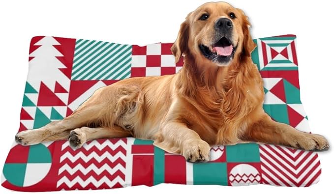 Christmas Geometric Pattern Cat Bed Mat Waterproof Crate Bed Cat and Dog Pet Mat Rectangle Non- Slip Bottom Dog Friendly Furniture Multi- Scenario Big Beds Gift Printed Crate Pad 36× 24 Inch