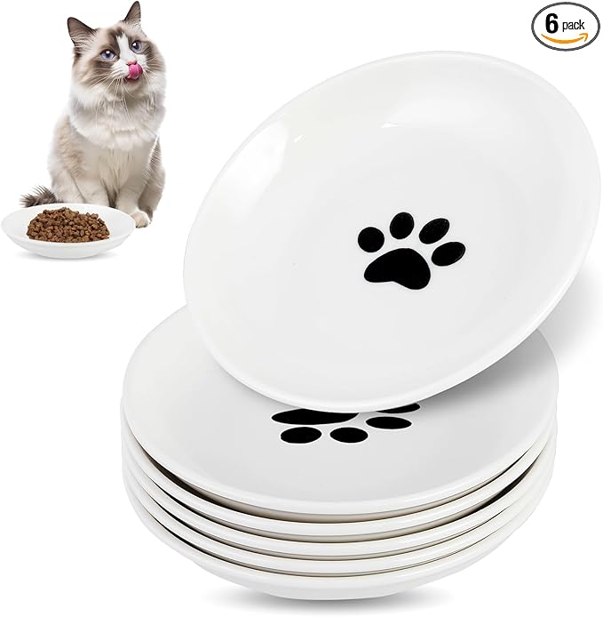 6 Pack Cat Food Bowl, Ceramic Cat Bowls, Anti Whisker Fatigue Cats Bowl Set,5.5 Inches Shallow Wide Kitten Plates for Food and Water (White-E)