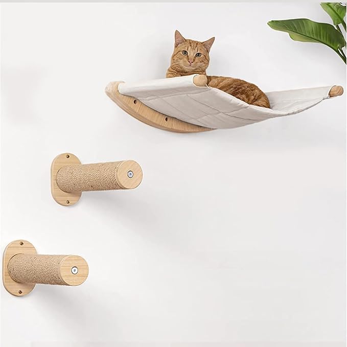 Cat Wall Furniture, Cat Wall Steps with Hemp Rope Covered, Cat Wall Stairs, Wall Mounted Cat Hammock, Cat Shelves for Sleeping, Climbing and Lounging (Color : 3 Piece Set)
