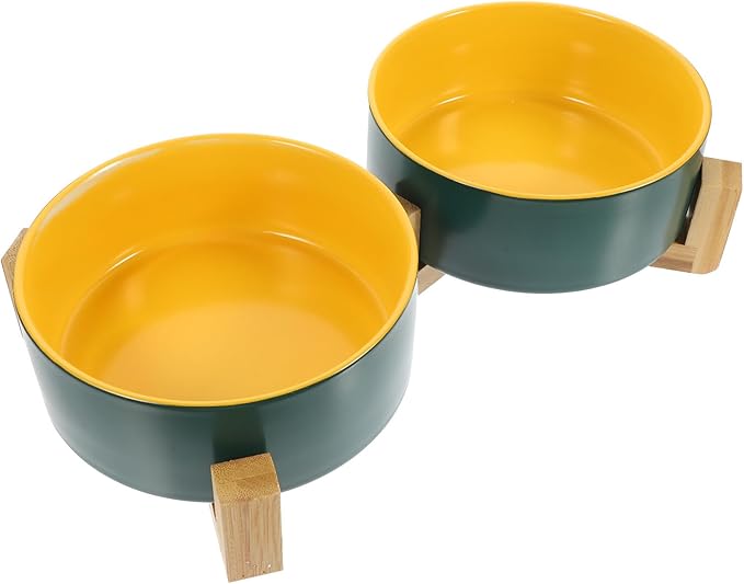 Beavorty Ceramic Elevated Cat Bowl with Dual Color Matte Finish, Green and Yellow Inner Bowls, Small Double Dish Set with Wooden Stand for Household Pet Feeding and Watering
