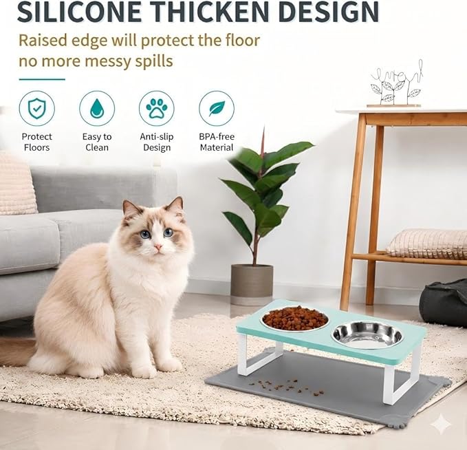 Upgraded Elevated Cat Bowls with Food Mat,15°Tilted Stand Anti Vomiting Raised Cat Dishes for Food and Water,2 Stainless Steel Bowls for Cats and Puppy（Teal）