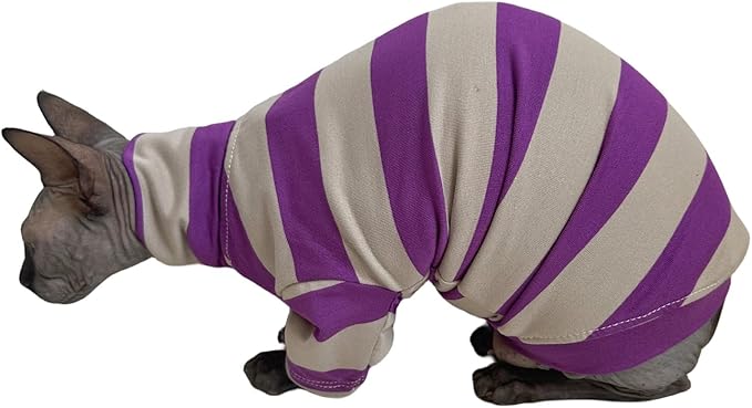 Vintage Stripes Sphynx Hairless Cats Shirt Cotton Cat Turtleneck Pet Clothes Kitten T-Shirts with Sleeves for Sphynx Cats (Wide Purple Grey Stripe, Small)