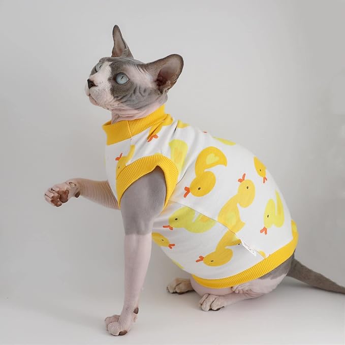 Sphynx Hairless Cat Summer Cotton T-Shirts Cat Vest Pet Clothes,Round Collar Vest Kitten Shirts Sleeveless, Cats & Small Dogs Apparel (XX-Large, Yellow Ducks)