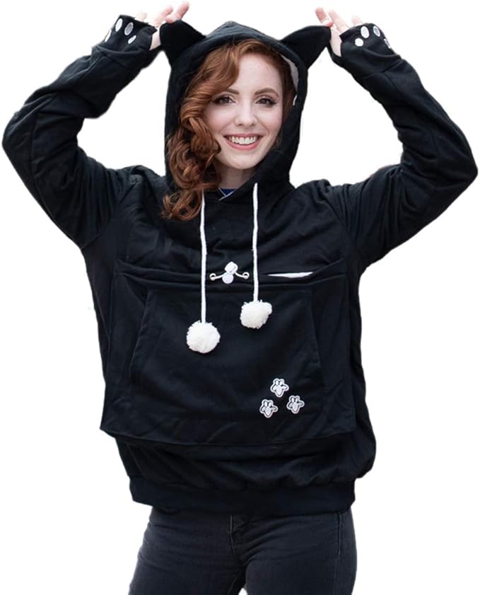 ALYC Unisex Hoodies Pet Holder Cat Dog Large Pouch Carriers Pullover with Cat Printing Sweatshirt (Black-Classic Version, XL)
