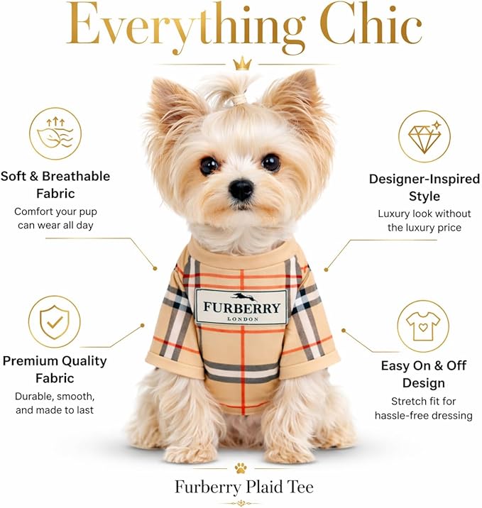 Luxury Designer Dog T Shirt – Trendy Puppy Clothes for Small Dogs, Fashion Pet Tee for French Bulldogs & Chihuahuas, Everything Chic Dog Apparel (FurberryTee, Medium)