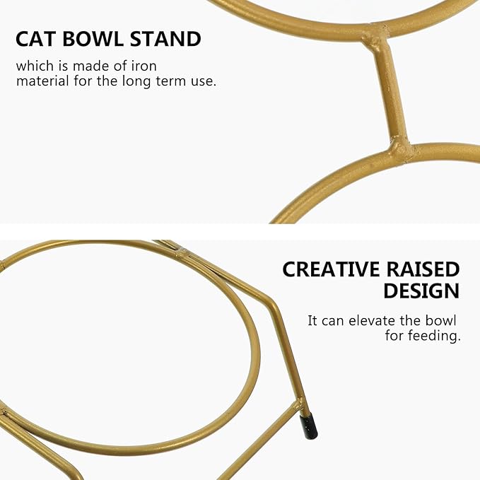 OUNONA Elevated Cat Bowl Stand Iron Feeder Bracket with Anti-Skid Base, Dual Raised Bowls for Cats and Kittens, Gold Pet Feeder Rack for Indoor Feeding and Watering