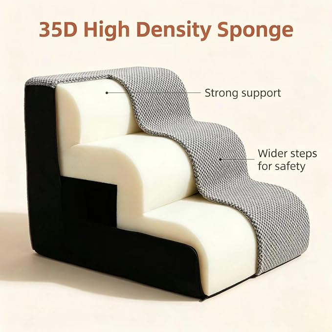 Dog Stairs for Small Dogs，35D Pet Stairs Steps 15” H with Durable Non-Slip Waterproof Fabric Cover, Slope Stairs to Bed for Small Dogs and Cats or Pets Joints, 3 Step Dog Ramp for Couch and Bed
