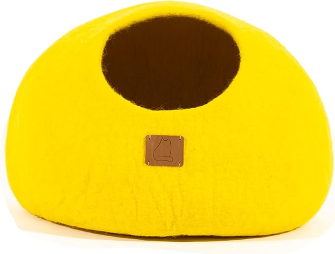Best Aesthetic Cat Bed - Premium Felted Wool Cat Cave Bed - Cozy Peekaboo Round Cave for Large or Small Cats (Small, Sunny Yellow)