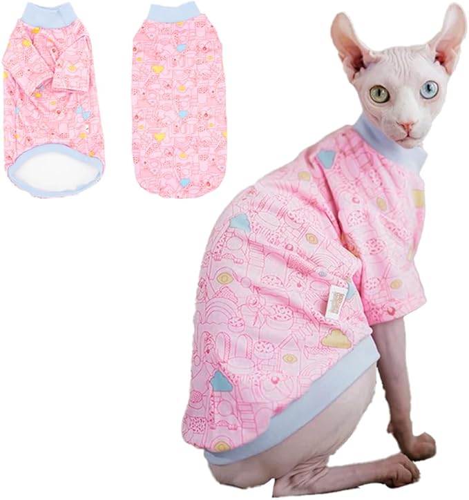 Sphynx Cat Clothes, Hairless Cat Shirt, Soft Stretchy Sweater for Cats, Breathable Cat Daily Outfit, Cat Pullover for Cornish Rex, Devon Rex (Pink Cartoon, S (2.5-3.5lbs))