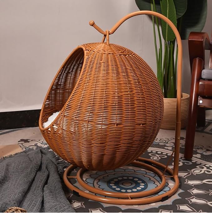Elevated Rattan Pet Hammock Nest Cat & Dog Bed - Breathable, Raised, Outdoor Cat Furniture (Natural-C)