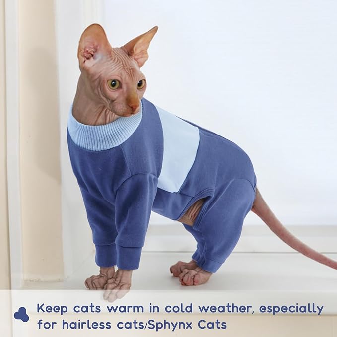 QBLEEV Cat Clothes, Soft Cat Sweaters for Cats Only, Kitten Surgery Recovery Suit Onesie Pajamas, Four Legs Cats Shirts Apparel Clothing for Hair Loss Prevention, Blue, M