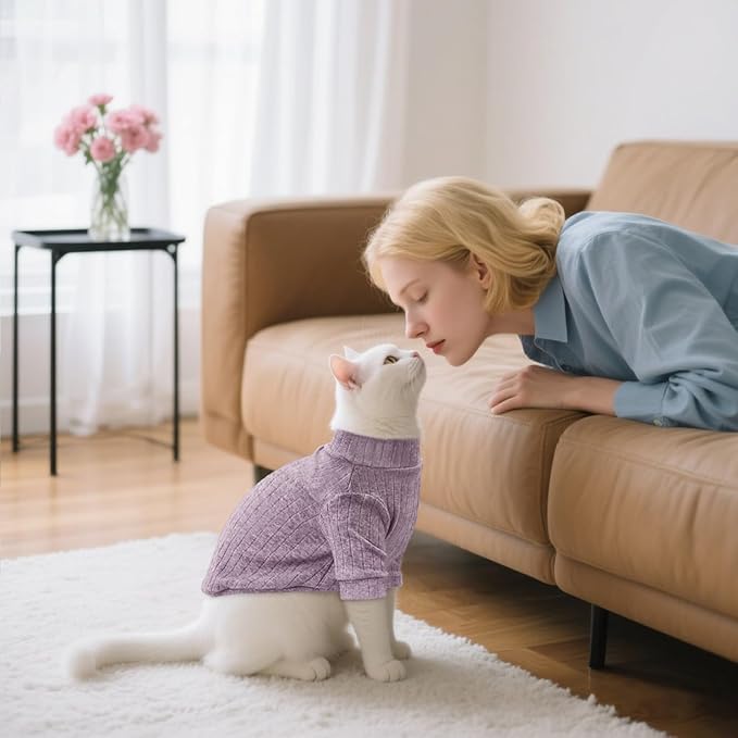 Idepet Sphynx Hairless Cats Sweater Shirt Kitten Soft Puppy Clothes Pullover Cute Cat Pajamas Jumpsuit Cotton Apparel Pet Winter Turtleneck for Cats and Teacup Chihuahua Small Dogs(Purple,S)