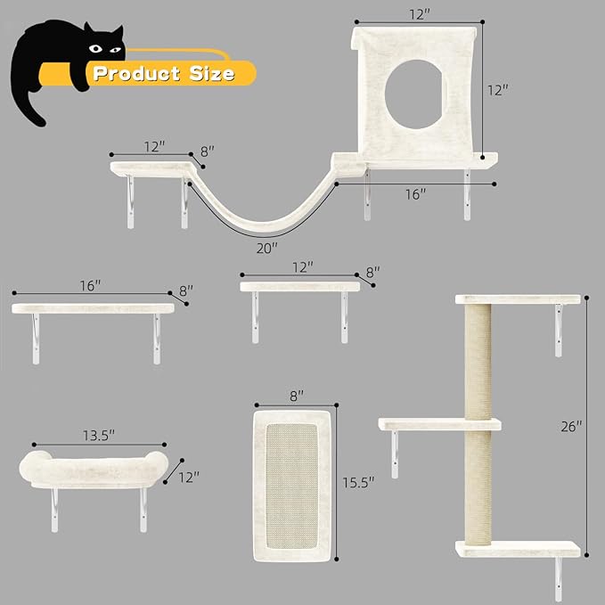 NUNU LAB Wall Mounted Cat Climber Set, 6 Pcs Cat Furniture Set with House, Bridge, Steps, Scratcher Board and Hammock, Shelves for Indoor, Luxury Walls Furniture, White