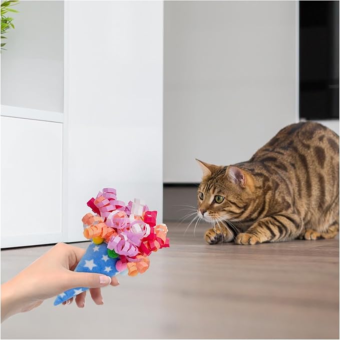 Andiker Catnip Toys for Cats, Cat Interactive Toy with Colorful Ribbon to Bat Chase Roll and Carry, 6.7Inches Cat Teaser Firework Cone Shape Toy for Indoor Cats for Playing & Chewing (Blue)