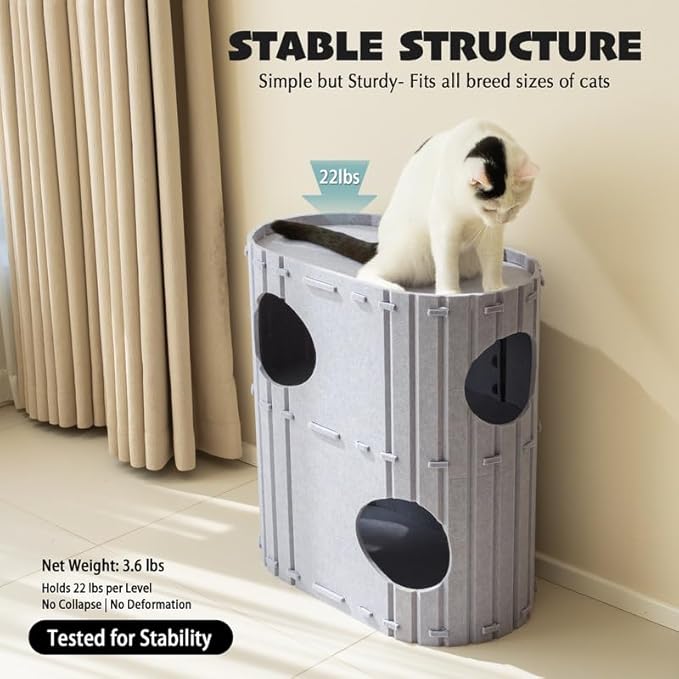 PETKARAY 2-Story Felt Cat House, Large Bed Cave for Indoor Cats, Felt Tunnel Hideaway Condo for Multi-Cat Households, 23.6x22x12 inches, Beige