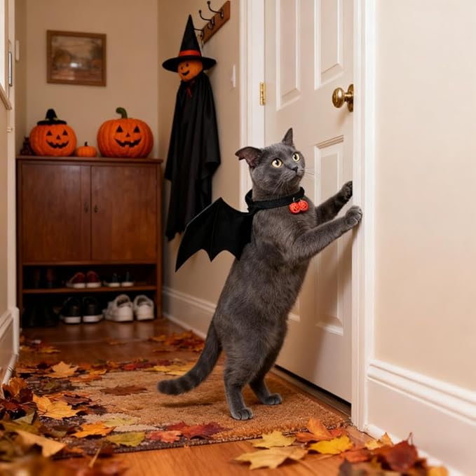 Upgraded Cat Halloween Costume Bat Wings with Pumpkin Bells - Premium Pet Apparel for Cats & Small Dogs, Adjustable Bat Wing Costume for Halloween Party, Christmas, Birthday Cosplay Dress Up