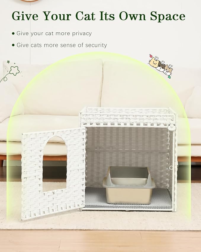 SETVSON Cat Litter Box Enclosure Furniture, Large Hidden Litter Box Furniture, Handwoven Rattan Cat House Cabinet, One Mat, Two S-Shaped Hooks, Living Room, Apartment 21.6 X 26 X 21.6 Inches, White